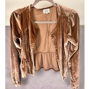 Frenchi Velvet Peplum Blazer Jacket Taupe Women Puff Sleeve Collarless Small
